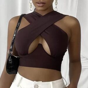 SHEIN Underwire Cross Wrap Crop Top - Brown - Sz M